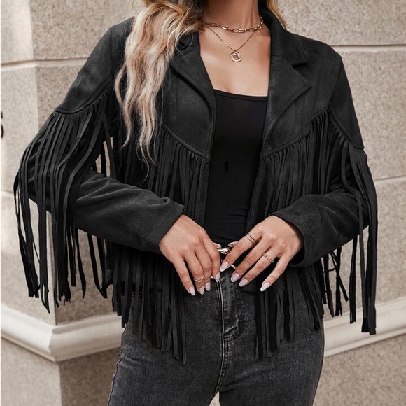 Black Fringe Women's Jacket boho festival blazer - Picture 4 of 7